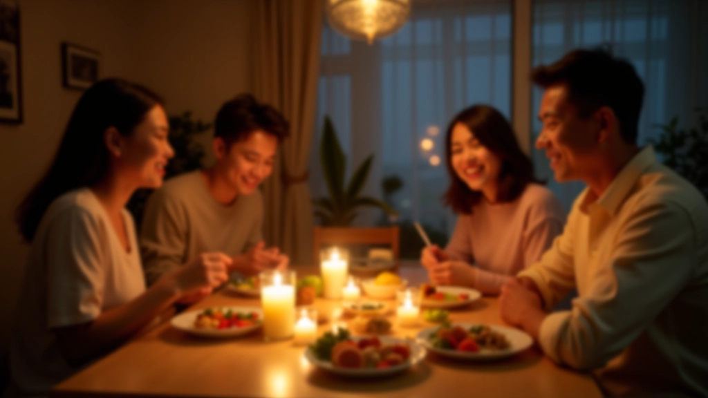 Family of four having dinner together at home with healthy meal on table