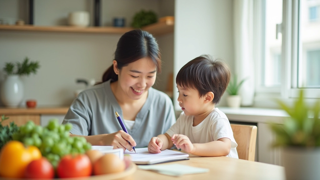 Mother and child planning weekly meals together at kitchen table with meal plan notebook and groceries