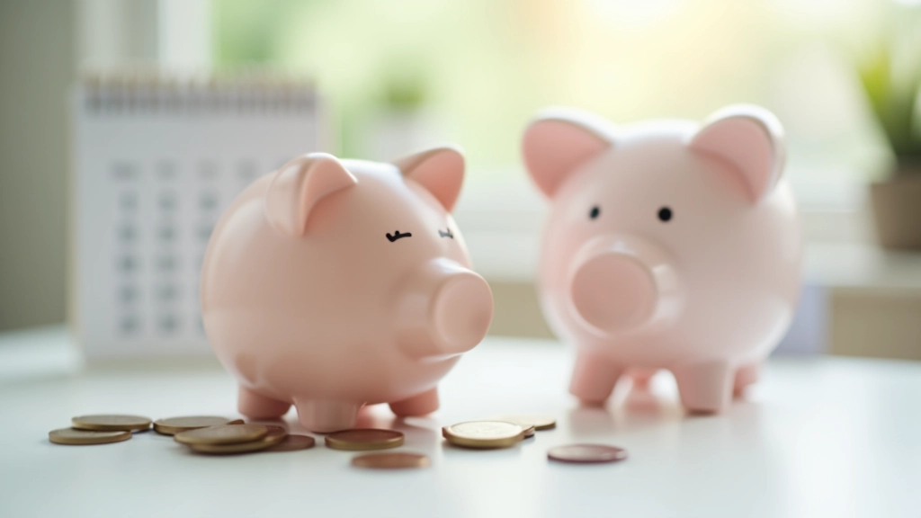 Piggy bank and coins on desk with budgeting calendar in background