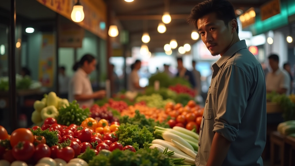 Vibrant wet market stall with fresh colorful vegetables and produce displayed in Hong Kong market