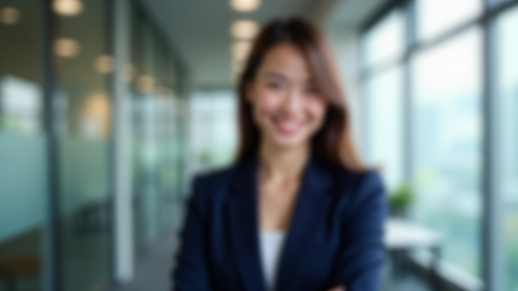 Professional woman smiling at camera, office setting, portrait from chest up